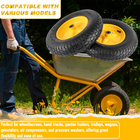 Beefy 16 Inch Pneumatic Wheelbarrow Tire And Wheel Set With 4.80/4.00-8 Size resting on a wheelbarrow, ready for installation