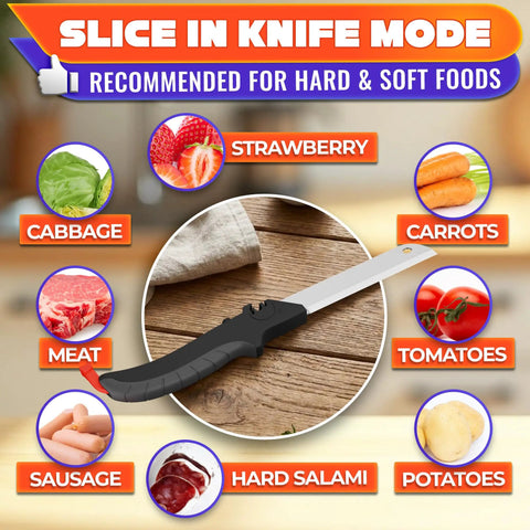 Six In One Kitchen Scissors With Built In Knife Blade Mini Cutting Board Opener Tenderizer And Lock Dishwasher Safe Spring Assist For Faster Prep Safer Cuts And Easy Serving shown with slice-in-knife mode for hard and soft foods