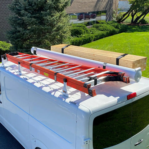 Orange ladder secured on van roof using Reusable Ladder Straps For Ladder Racks, Heavy Duty Tie Down Straps With Tough Hook And Loop
