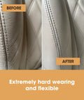 Before and after comparison of a car seat treated with Leather Repair Paint Kit For Furniture And Car Seats 2 In 1 Seal And Color Use On Scratches Tears And Holes Quick Easy Leather Repair With 16 Color Options Dries Flexible And Prevents Future Damage Dark Brown 50 ml.
