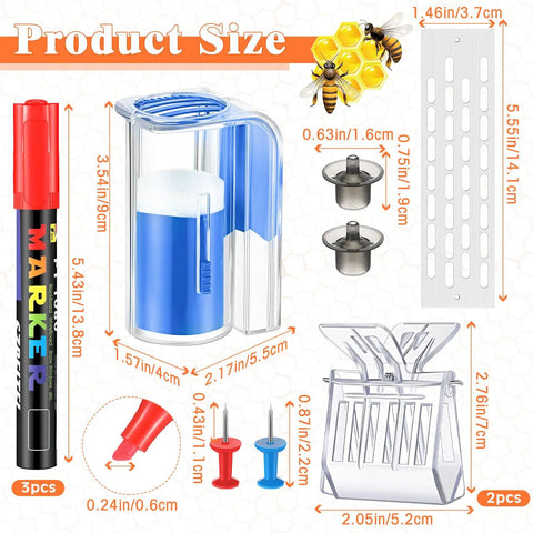 Beekeeping Starter Kit 11 Piece Queen Bee Marking Set with size details of pens, clips, bottles, and tools.