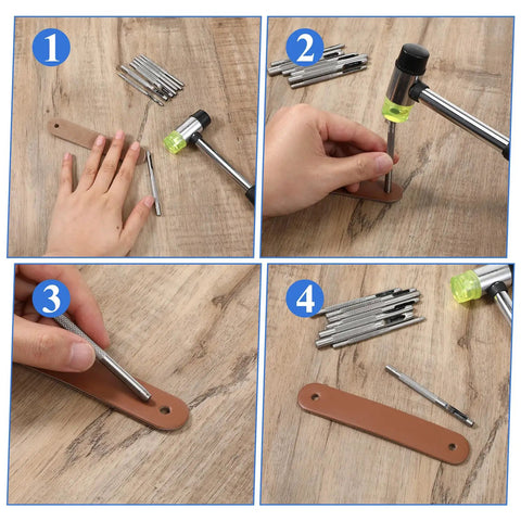 Step-by-step use of Leather Hole Punch Set 1.5mm-5mm For Belts And Leather Crafting, showing round hollow punches in action on leather