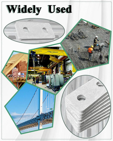 Heavy Duty Six Pack Two Hole Flat Plate Fitting For One And Five Eighths Inch Strut Channel Steel Brackets Fifteen Sixty Fourths Inch Thick Tough Galvanized Finish Fits Half Inch Bolt Built For Rooftop Outdoor Solar HVAC stack of galvanized two-hole flat plates