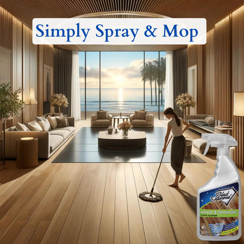 All In One Floor Cleaner Spray For Wood Laminate Hardwood And Luxury Vinyl Floors Delivers Streak Free Clean With Fast Dry No Rinse Formula 32 Oz Bottle For Easy Wipes And Everyday Messes in use by woman mopping wooden floor in living room.