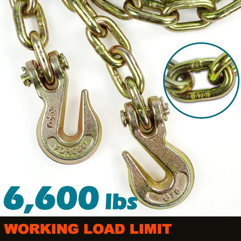 Heavy Duty Tow Chain Tie Down 3 By 8 Inch By 10 Foot G70 Binder Chain With Hooks For Fixed Cargo Stability 2 Pack Zinc Coated