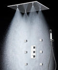 Heavy Duty 20X40 Inch Shower Panel System With Solid Three Knob Thermostatic Mixer And Four Mode Settings Like Rainfall Mist Massage Jets Plus Independent Hand Shower In Classic Antique Brass showing overhead rain head and body sprays.
