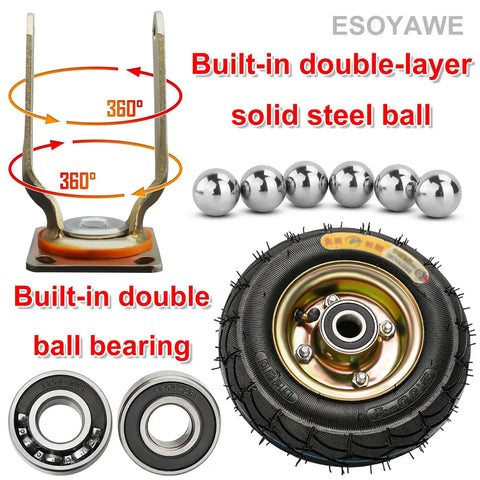 Heavy Duty 8 Inch And 10 Inch Pneumatic Rubber Caster Wheel Set Of 4 Slick Rollin Swivel Casters With Integrated Brakes showing ball bearings and wheels.