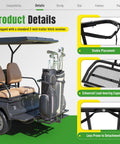 Heavy Duty Golf Cart Rear Seat Bag Holder Rack For 2 Inch Receiver Fits EZGO Yamaha Club Car Steel Powder Coated Black Universal Golf Bag Carrier For Carts No Brainer Easy Install And Universal Fit For Courses And Residential Use on golf cart with highlighted features.