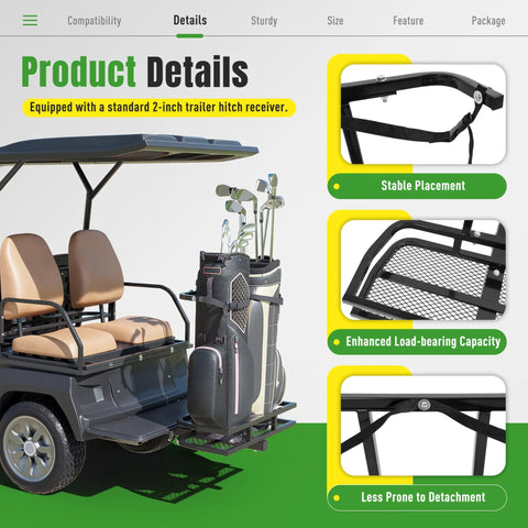 Heavy Duty Golf Cart Rear Seat Bag Holder Rack For 2 Inch Receiver Fits EZGO Yamaha Club Car Steel Powder Coated Black Universal Golf Bag Carrier For Carts No Brainer Easy Install And Universal Fit For Courses And Residential Use on golf cart with highlighted features.