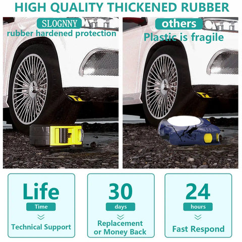 Car wheel comparison with 25 Foot Tape Measure Self Locking With Rubber Covered Case and plastic tape measure on pavement
