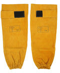 Heavy Duty Cowhide Welding Sleeves Pair Self Adhesive Arm Guards Job Site Tough Hella Durable Spark Shield For Mechanics Auto Repair Shop Essentials Golden Yellow, showing front view.