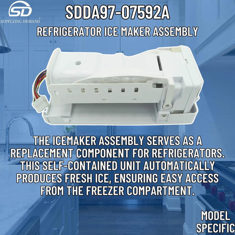 Refrigerator Ice Maker Assembly Replacement DA97-07592A 2051096 model-specific ice maker with visible 7-cube mold and 12-pin connector.