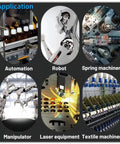 Application collage poster featuring circular images of automation, robot arms, gear machinery, and textile equipment.