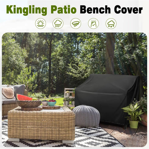 All Weather Outdoor Loveseat Cover For Patio Benches And Gliders Waterproof 420D Oxford Fabric Tough As Nails Built To Last Black covering patio loveseat in garden setting.
