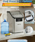 Countertop Ice Maker With 45 Lbs Per Day Output And Self Priming Water Supply Delivers Crystal Clear Ice Cubes In 13 Minutes, 24 Cubes Per Batch, Six Ice Thickness Levels, Stainless Steel Home Kitchen Bar Machine For Office showing dual water inlet options.