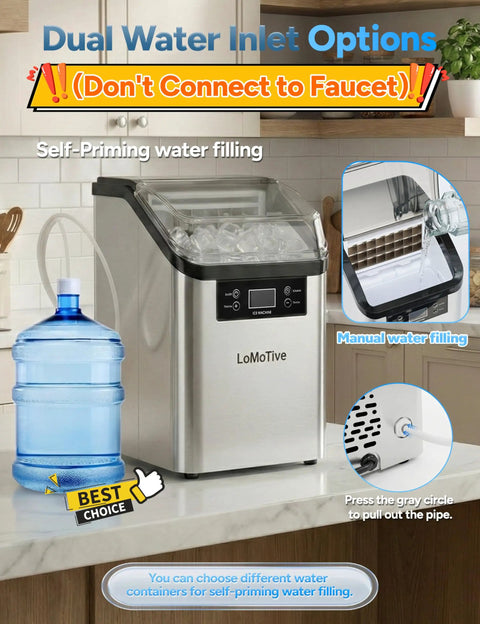 Countertop Ice Maker With 45 Lbs Per Day Output And Self Priming Water Supply Delivers Crystal Clear Ice Cubes In 13 Minutes, 24 Cubes Per Batch, Six Ice Thickness Levels, Stainless Steel Home Kitchen Bar Machine For Office showing dual water inlet options.