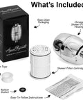 Chlorine Busting Shower Filter System That Makes Skin Softer And Hair Shine Universal Water Purifier And Softener For Dry Skin And Itchy Scalp Removes Heavy Metals And Odors Polished Chrome Finish product components including filter, housing, and accessories.