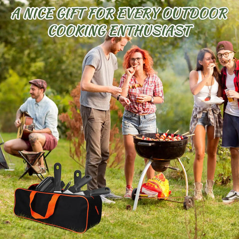 237 Pcs Griddle Accessories Kit For Flat Top Grills with tools in bag at outdoor BBQ with people grilling