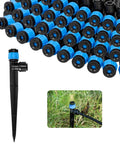 Drip Irrigation Emitters 40 Pack Quick Connect for Quarter Inch Tubing shown in black and blue with insertion into garden lawn.