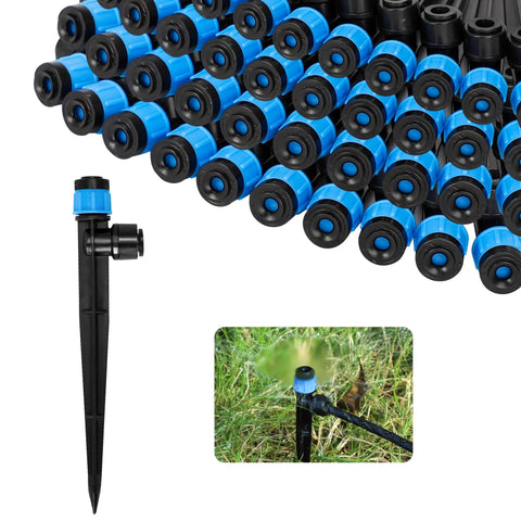 Drip Irrigation Emitters 40 Pack Quick Connect for Quarter Inch Tubing shown in black and blue with insertion into garden lawn.