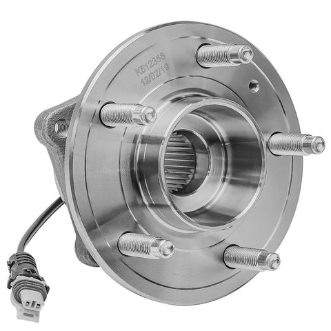 Front view of 4 Piece Front And Rear Wheel Bearing Hubs Assembly With ABS For Chevy Equinox Captiva Sport Pontiac Torrent Saturn Vue Suzuki XL7 2007 To 2015 5 Lug Kit Ready To Roll, showing metallic hub and ABS sensor connector.