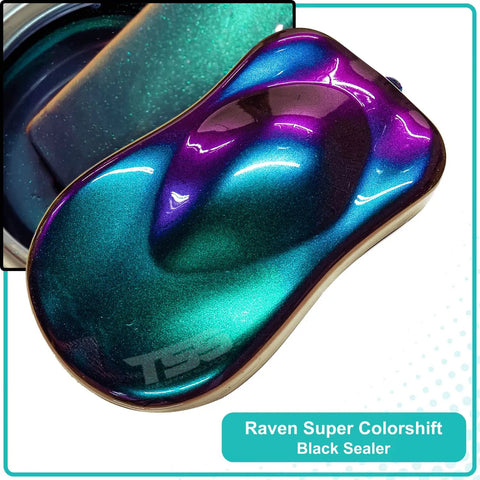 Raven Super ColorShift Automotive Basecoat Midcoat in vibrant purple and teal shades for high gloss finish.