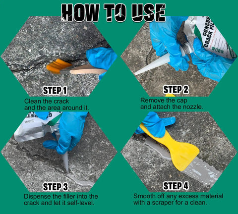 How to use Heavy Duty Concrete Crack Filler And Self Leveling Cement Sealant Kit with step-by-step instructions on application.