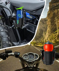 Universal Cup Holder Clamp That Fits 0.6 To 1.5 Inch Tubes For ATV Motorcycle Bike Wheelchair Golf Cart And More, shown on handlebar and ATV, holding drink securely.