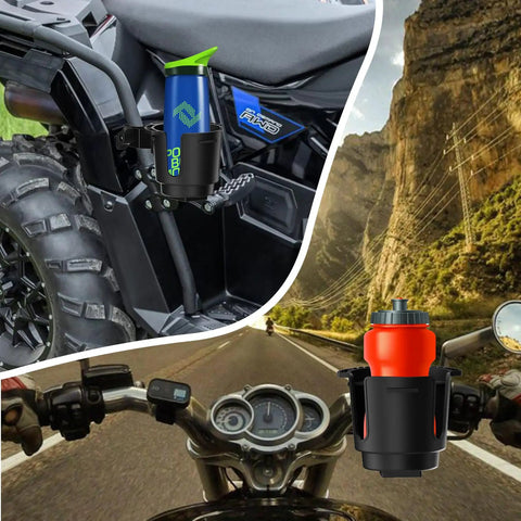Universal Cup Holder Clamp That Fits 0.6 To 1.5 Inch Tubes For ATV Motorcycle Bike Wheelchair Golf Cart And More, shown on handlebar and ATV, holding drink securely.