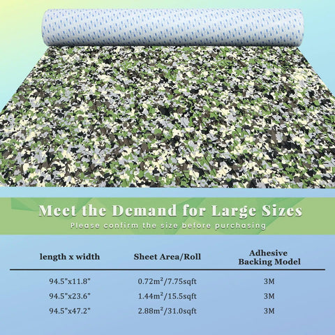 Self-Adhesive EVA Foam Boat Flooring With Faux Teak Look Non Slip Marine Decking For Kayaks Yachts Pools And RVs Built To Last Heat And UV Resistant 3M Adhesive Backing Cushioned Sea Deck showing camouflage pattern and size chart