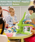 Children using All In One Button Maker Kit With Interchangeable 32mm And 58mm Dies, Pin Badge Maker Machine on table.