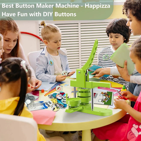 Children using All In One Button Maker Kit With Interchangeable 32mm And 58mm Dies, Pin Badge Maker Machine on table.