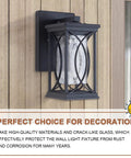 Outdoor Wall Lanterns With Dusk To Dawn Sensor Sleek Black Aluminum Exterior Light Fixture With Crack Like Glass Durable IP65 Waterproof Sconce mounted on wooden wall.