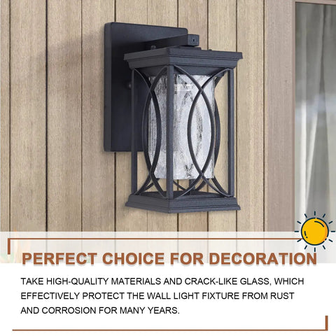 Outdoor Wall Lanterns With Dusk To Dawn Sensor Sleek Black Aluminum Exterior Light Fixture With Crack Like Glass Durable IP65 Waterproof Sconce mounted on wooden wall.
