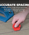 Hand holding red spacer for Deck Jig For Precise Concealed Deck Screw Installation And Smooth Plank Alignment with blue jig base