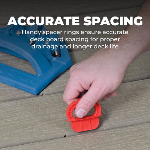 Hand holding red spacer for Deck Jig For Precise Concealed Deck Screw Installation And Smooth Plank Alignment with blue jig base