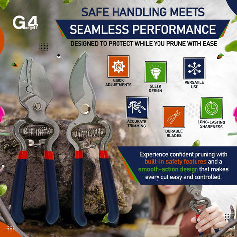 Two-Piece Garden Pruner Set With Bypass And Anvil Heads For Green Stems And Tough Wood, Heavy Duty Carbon Steel Blades And Ergonomic Handles, Precision Cuts Every Time, A Real DIY Yard Must-Have. Two garden pruners shown with blue handles and carbon steel blades.
