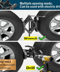 X-Shaped Wheel Chocks for Travel Trailers and RVs, Heavy Duty Steel Stabilizers, Drill Adjustable Design in use with wrench and drill.