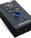 Close-up of Ultra Compact USB C Audio Interface For Music Production And Streaming With Built In Mixer showing front control panel