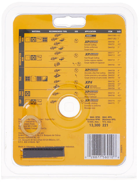 Back packaging of Porcelain Tile Diamond Blade For Wet Dry Cutting 4.5 Inch with specifications and recommended tools.