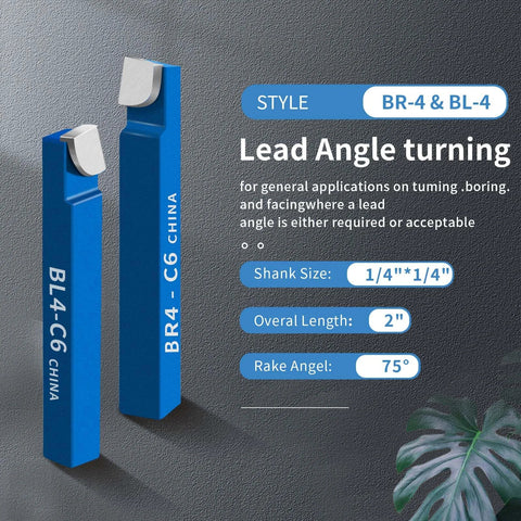 BR-4 & BL-4 lead-angle lathe tools with carbide tips; blue blocks, 1/4" shank, 2" length, 75° rake