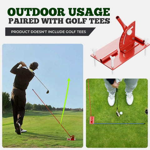 Three Hole Golf Alignment Stick Holder With Tri Grip Tripod Base And 3 Metal Alignment Sticks In Different Colors Swing Plane And Swing Path Training Aid With Manual Durable Golf Practice Setup on green grass with golfer