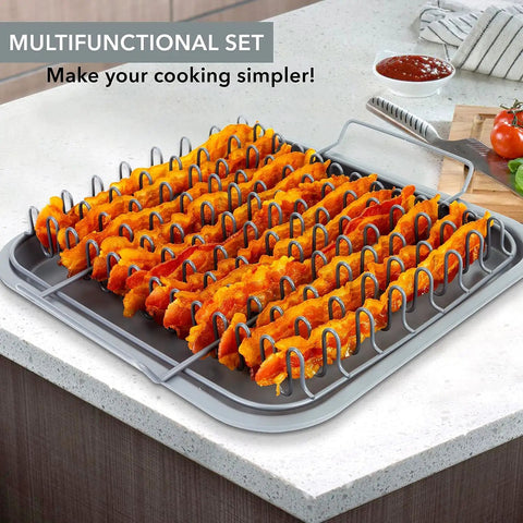 Air Fryer Crisper Basket And Tray Set With Grease Catcher For Oil Free Even Cooking Nonstick Finish Healthier Frying 9x10 Inch Gray