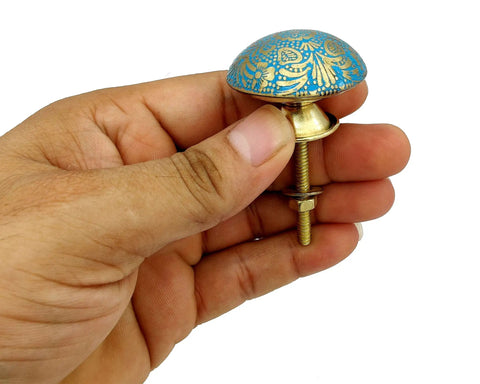 Sky Blue Brass Door Knobs Set Of 6 38mm Handcrafted Drawer Pulls And Cabinet Knobs For Cabinets Wardrobes And Kitchen Cupboards Includes Screws For Easy Install, hand-held