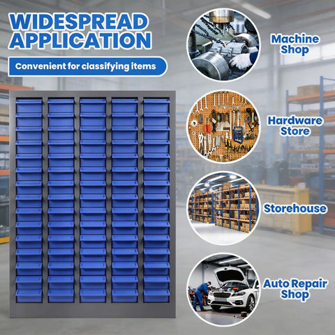 Heavy Duty 75 Drawer Parts Cabinet With Stainless Steel Frame And ABS Drawers shown in various workshop settings