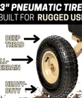 Beefy Heavy Duty Utility Garden Cart Wagon With Dual Side Dump, 13-inch pneumatic tire showcasing deep tread for all-terrain use