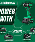 Cordless 18V Impact Driver Sub-Compact Brushless shown with various battery options, highlighting 2.0Ah, 4.0Ah, and 2.5Ah compatibility.