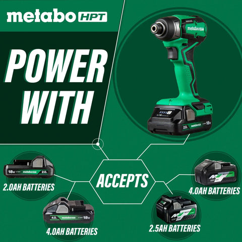 Cordless 18V Impact Driver Sub-Compact Brushless shown with various battery options, highlighting 2.0Ah, 4.0Ah, and 2.5Ah compatibility.