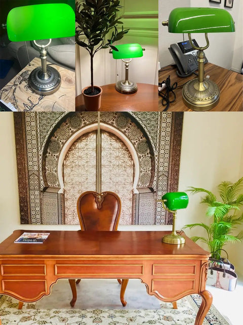 Green Glass Bankers Desk Lamp With Pull Chain Switch Plug In Fixture E26 Socket Max 60 Watt Bulb Compatible Adjustable Reading Light shown on wooden desk.
