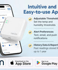 Cellular Temperature Monitor With 4G LTE And Humidity Sensor Remote Power Failure Alarm Unlimited Alerts for RV Vacation Home Pet Safety or Server Room 2 Years Of Service Included No Fees Or WiFi Needed displayed above smartphone app interface.